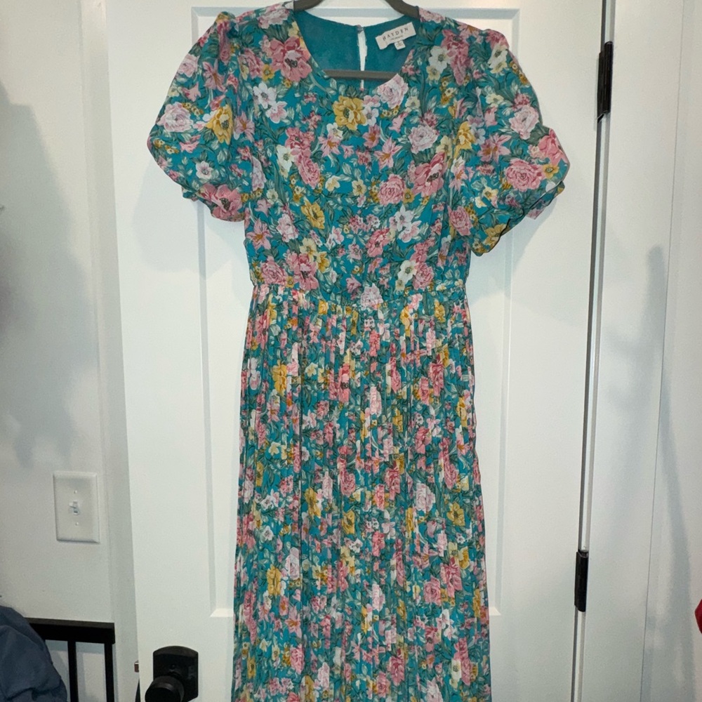 Hayden Green and Blue Smocked Maxi Dress Puff Sleeve